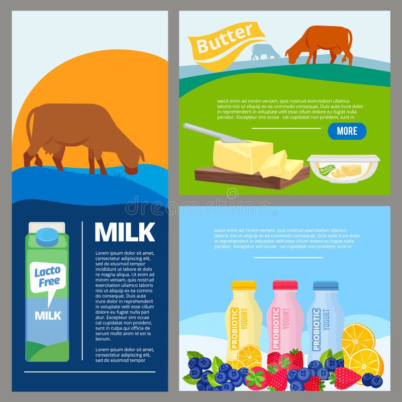 Banner dairy food. Promo ads pictures of fresh farm milk and organic products in bottles vector cards collection vector illustration Banner dairy food. Promo ads pictures of fresh farm milk and organic products in bottles vector cards collection vector illustration