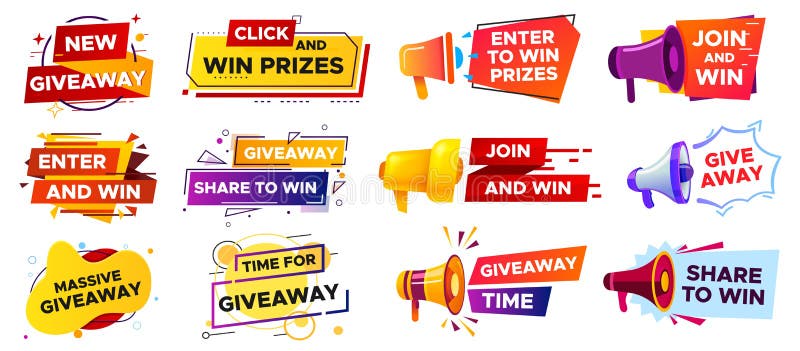 Giveaway banner with megaphone. Loudspeaker announcement of competition. Winning prizes in contest, giving gifts. Share to win post in social media. Marketing and advertising vector illustration. Giveaway banner with megaphone. Loudspeaker announcement of competition. Winning prizes in contest, giving gifts. Share to win post in social media. Marketing and advertising vector illustration