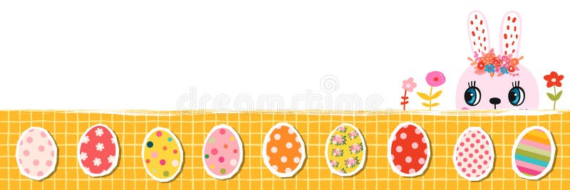 Banner de resorte de vector lindo con flores de conejito rosa y coloridos huevos de Pascua libre illustration