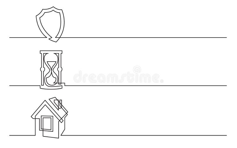 Banner design - continuous line drawing of business icons: protection shield, hourglass, home symbol vector illustration Banner design - continuous line drawing of business icons: protection shield, hourglass, home symbol vector illustration