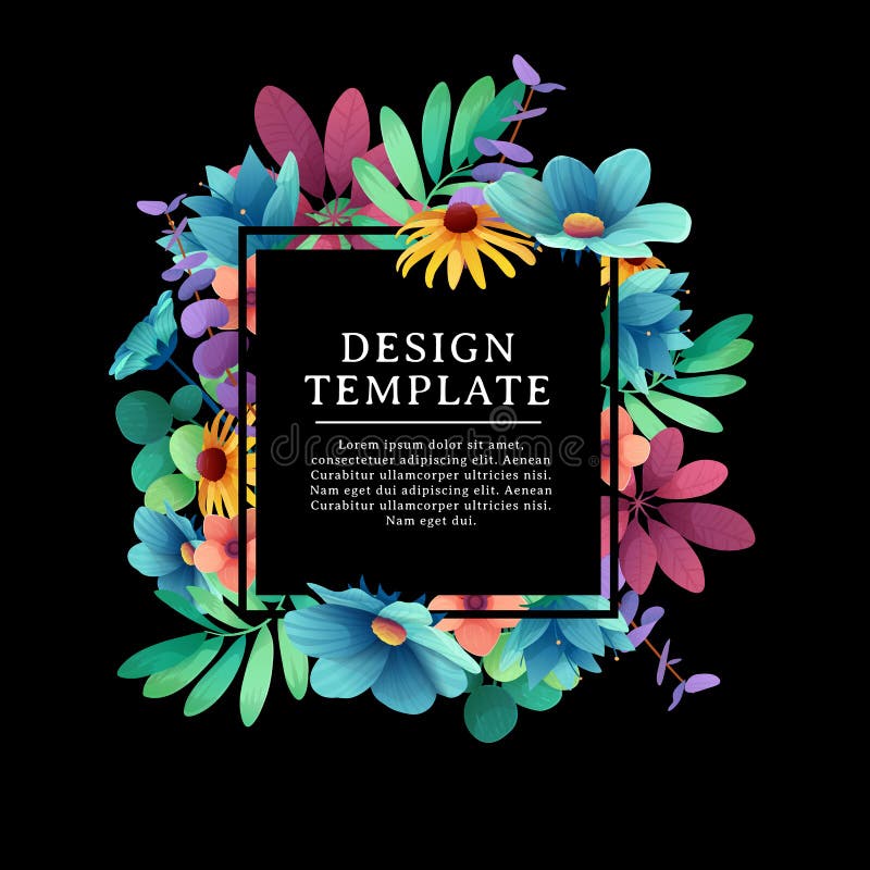 Banner design template with floral decoration. The black square frame with the decor of flowers, leaves, twigs. Luxary