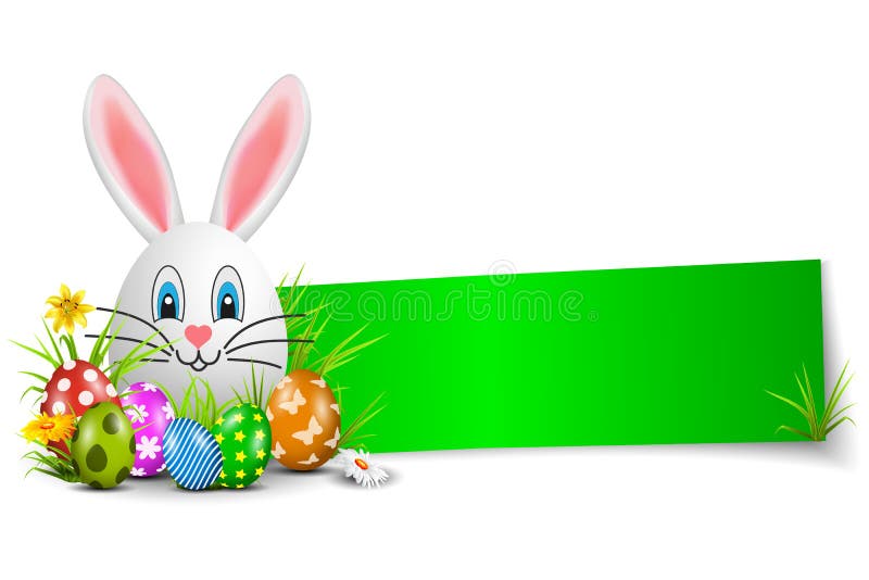 Banner with Easter bunny, brightly painted Easter eggs and flowers isolated - vector vector illustration