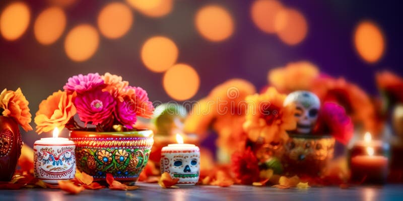 Banner el dia de muertos mit Altar mit Blütenblättern und brennenden Kerzen auf verschwommenem Hintergrund mit beidem Effekt vektor abbildung