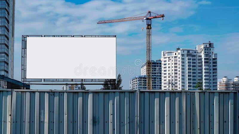 Generative AI : Blank white banner for advertisement on the fence Residential area with modern buildings and tower crane in the background business concept. Generative AI : Blank white banner for advertisement on the fence Residential area with modern buildings and tower crane in the background business concept.