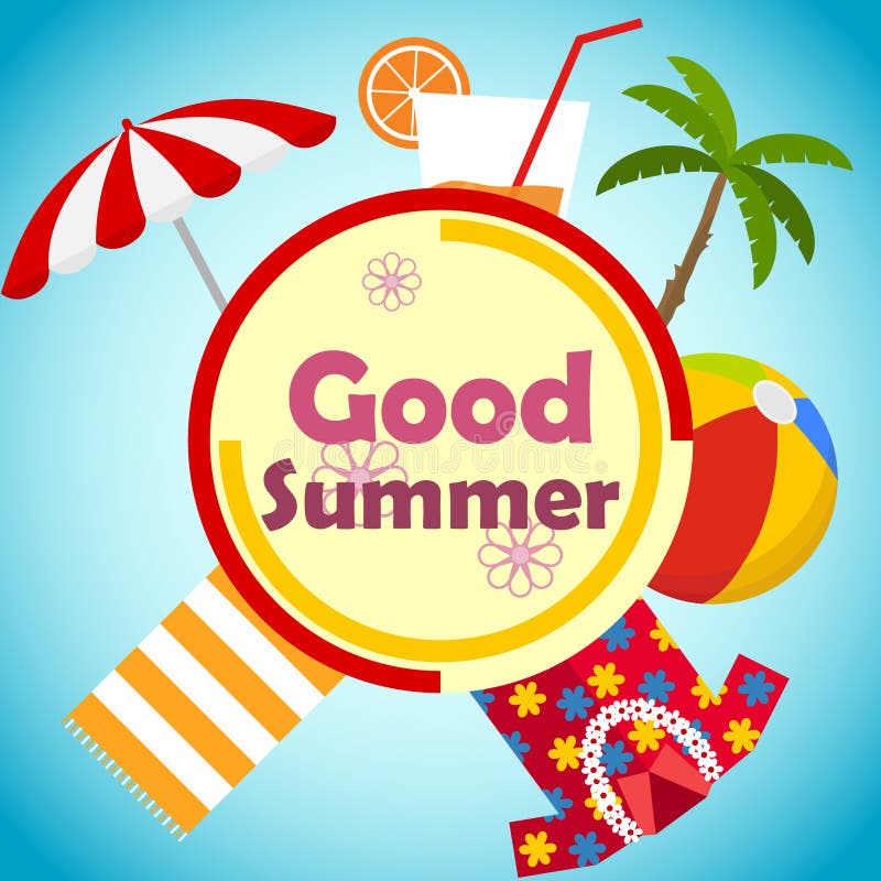 Banner of a good summer. Summer time. Palm, a glass of juice, a towel, a Hawaiian shirt, a beach ball and a beach umbrella on the