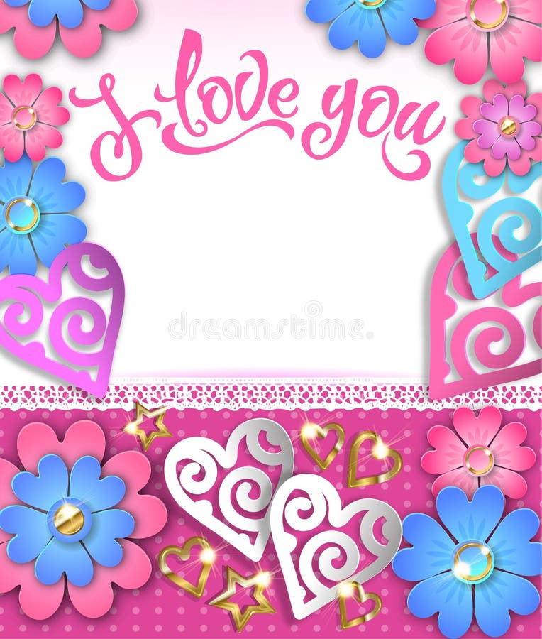 Banner I love you with paper hearts and flowers