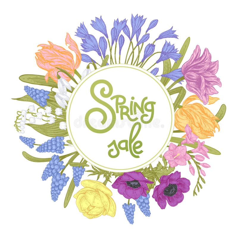 Banner with inscription Spring Sale and flowers. Flower card with the inscription `Spring Sale` surrounded by spring flowers tulips, gypsums, buttercups stock illustration Banner with inscription Spring Sale and flowers. Flower card with the inscription `Spring Sale` surrounded by spring flowers tulips, gypsums, buttercups stock illustration
