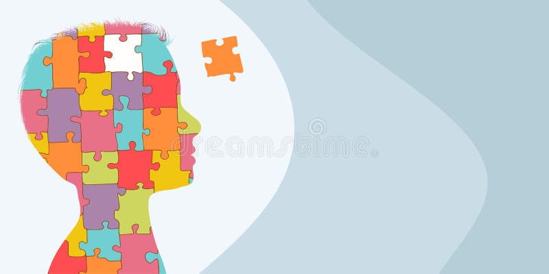 Illustration representing the concept of autism with jigsaws forming a child head silhouette. Illustration representing the concept of autism with jigsaws forming a child head silhouette