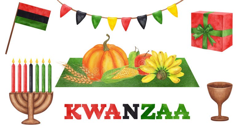 Banner Kwanzaa. African-American holiday. Kinara, seven burning candles, red black green map, cup, drum, gift, harvest