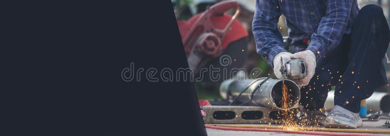 Banner Men hands wear protective glove Hot flame metal work cut fire iron workshop. Locksmith cut metal process. Construction royalty free stock photography