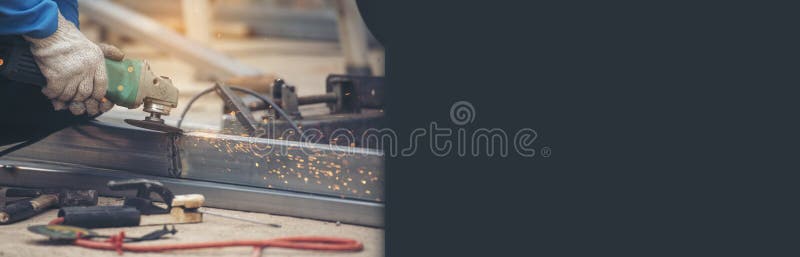 Banner Men hands wear protective glove Hot flame metal work cut fire iron workshop. Locksmith cut metal process. Construction royalty free stock photo