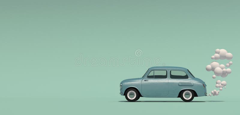 Banner met een passagiers blauwe retro auto met een uitlaatgas in een beeldverhaalstijl Geïsoleerd op een turkooise achtergrond h royalty-vrije illustratie Banner met een passagiers blauwe retro auto met een uitlaatgas in een beeldverhaalstijl Geïsoleerd op een turkooise achtergrond h royalty-vrije illustratie