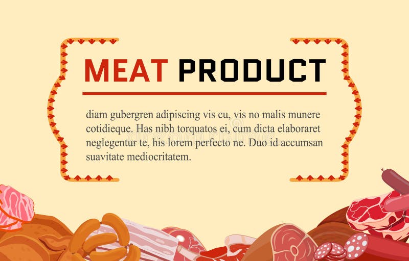 Banner mit Fleischprodukten Hähnchen und Rippen, Wurst, Salami und Schinken, Sirlon, Speck, Sucuk und geräuchertes Fleisch, gerös vektor abbildung