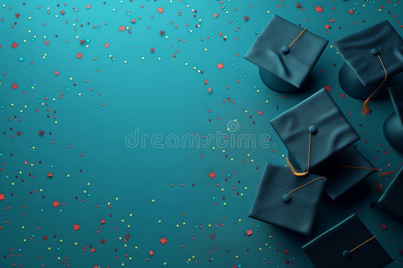Banner with graduation caps on turquoise background. Generated by AI. Banner with graduation caps on turquoise background. Generated by AI.