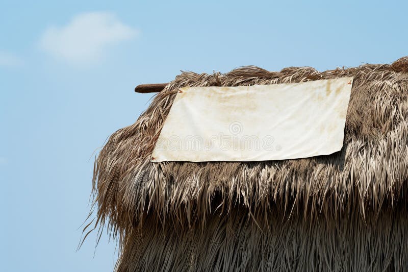 Banner mockup pinned on a thatched roof hut stock images