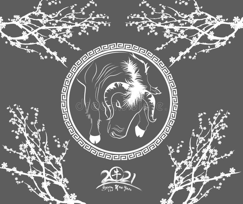 Happy Chinese New Year 2021 Year of the Ox Flower and Asian Elements