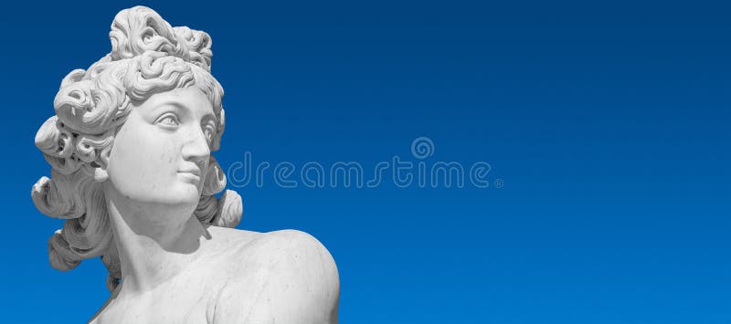 Banner with old statue of sensual bathing Renaissance Era woman at blue smooth gradient sky background with copy space, Potsdam