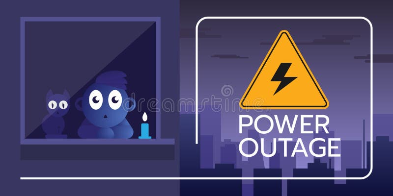 Vector illustration of the banner of a Power outage with a warning sign is on the background of the night city. vector illustration