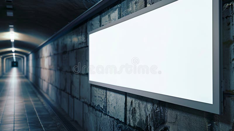 Generative AI : Long white commercial banner mounted on stone wall in underground passage side view business concept. Generative AI : Long white commercial banner mounted on stone wall in underground passage side view business concept.