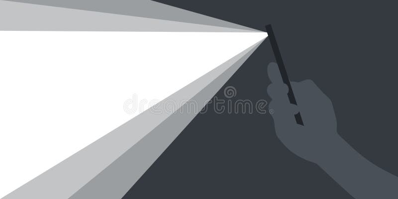 Banner with ray of light. Phone in hand with flashlight on. Background for advertising. Vector illustration