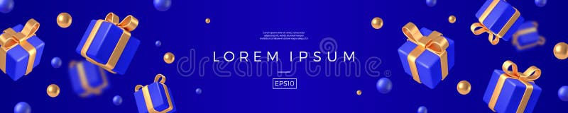 Banner with realistic d render gift boxes blue box golden bow and ribbon falling on dark background vector illustration copy space vector illustratie