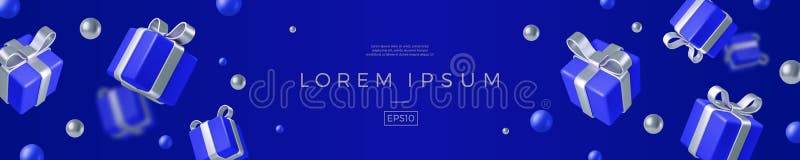 Banner with realistic d render gift boxes blue box silver bow and ribbon falling on dark background vector illustration copy space royalty-vrije illustratie