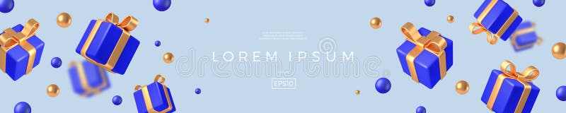 Banner with realistic d render gift boxes blue gift box with golden bow and ribbon falling gift boxes on light blue background royalty-vrije illustratie