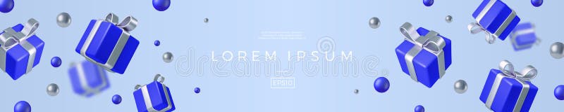 Banner with realistic d render gift boxes blue gift box with silver bow and ribbon falling gift boxes on light blue background vector illustratie