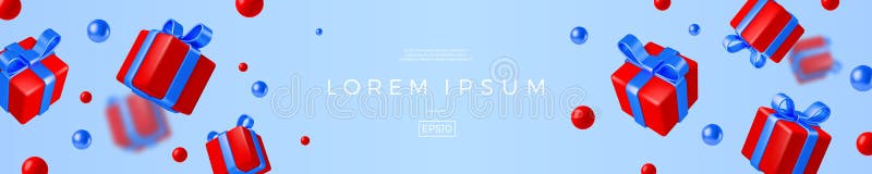 Banner with realistic d render gift boxes red box blue bow and ribbon falling on light background vector illustration copy space royalty-vrije illustratie