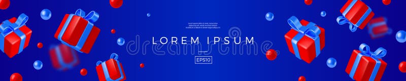 Banner with realistic d render gift boxes red gift box with blue bow and ribbon banner with realistic d render gift boxes red gift royalty-vrije illustratie