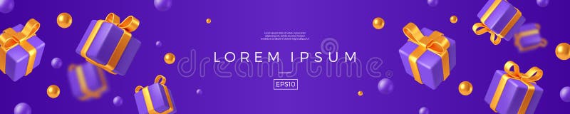 Banner with realistic d render gift boxes violet box yellow bow and ribbon falling on dark background vector illustration copy stock illustratie