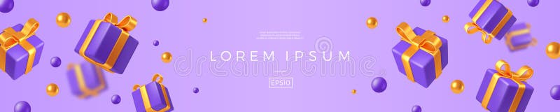 Banner with realistic d render gift boxes violet gift box with yellow bow and ribbon banner with realistic d render gift boxes vector illustratie
