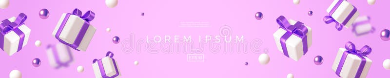 Banner with realistic d render gift boxes white box purple metallic bow and ribbon falling on pink background vector illustration royalty-vrije illustratie