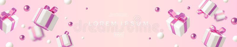 Banner with realistic d render gift boxes white gift box with pink metallic bow and ribbon falling gift boxes on pink background stock illustratie