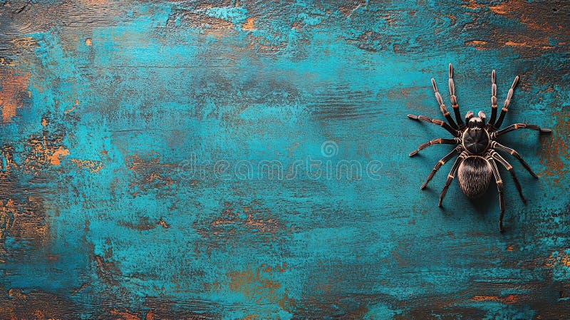 Banner rustic teal wood Halloween spider stock image