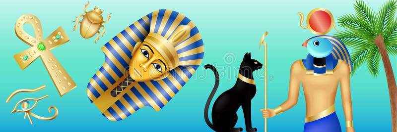 Banner simboluri egiptene. poster cu Pharaoh horus Black Cat și scarab pe fond albastru. ilustrare vectorială royalty free illustration