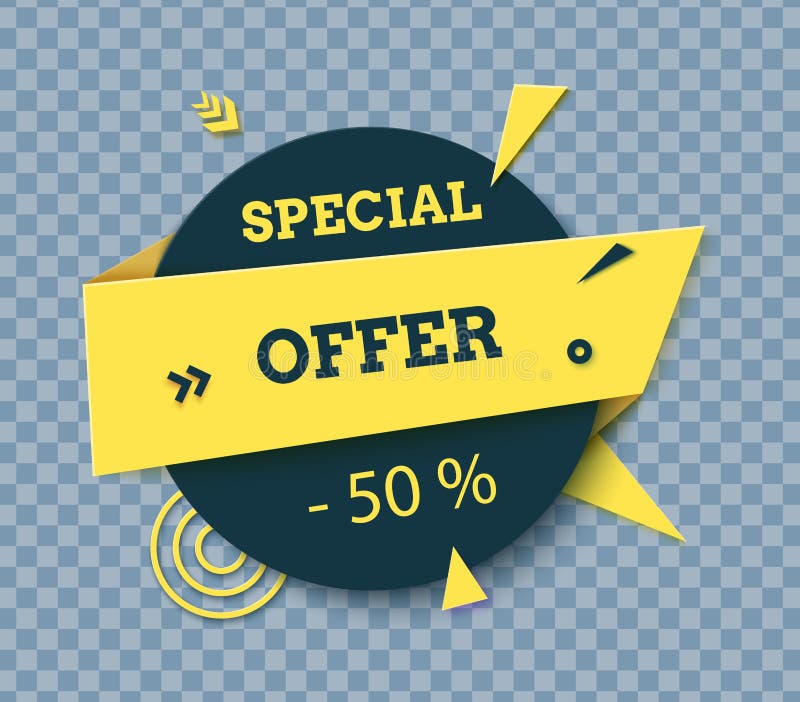 Banner speciale del cerchio sconti offerta in stile taglio carta. etichetta di stile memphis con forme geometriche astratte. color illustrazione vettoriale
