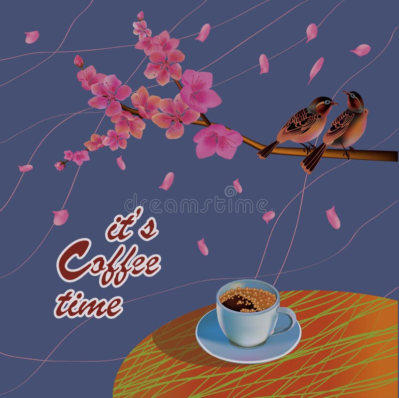 Banner spring leaves blooming cherry blossom. Coffee on the table in the spring. Time to drink coffee