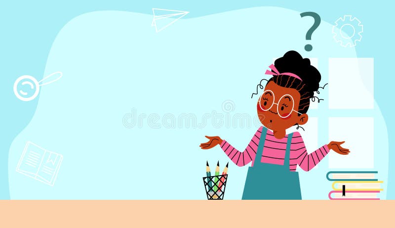 Banner with pensive thoughtful girl and question mark, flat vector illustration. royalty free illustration
