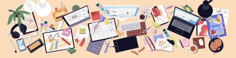 Banner with top view of messy workplace. Above of computer table with laptop, mess of books, papers, documents, stationery and stock illustration