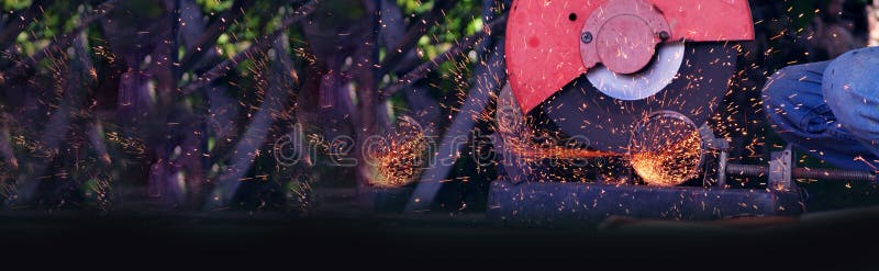 Banner Welding machine iron metal sparking. Hot flame welding metal work cutting fire iron workshop. Locksmith using machine royalty free stock photos