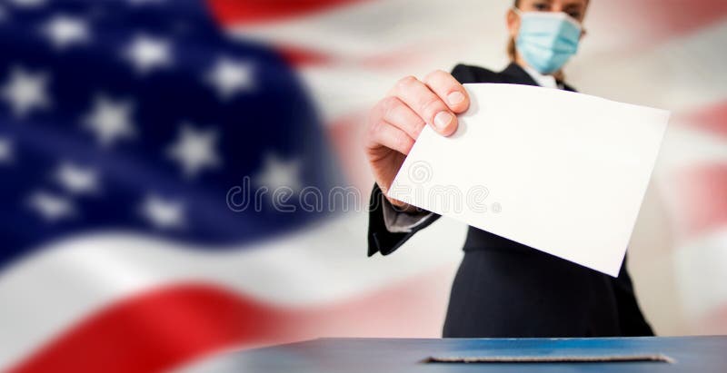 banner of woman wearing mask putting vote in ballot in front of USA flag elections during covid