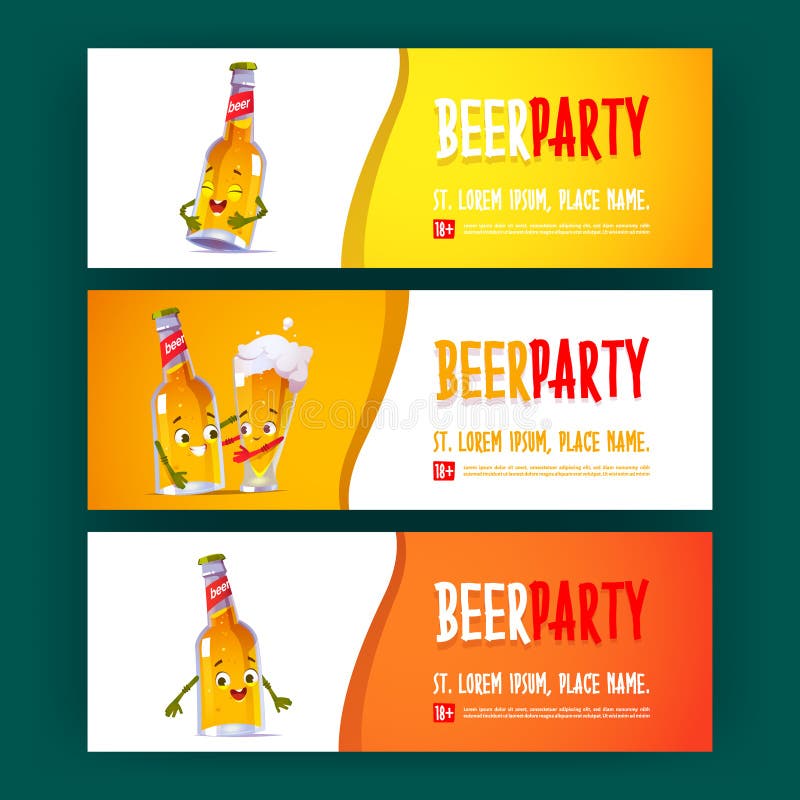 Cartazes de festa de cerveja com personagens fofinhos de garrafa e vidro.  folhetos de vetor com ilustração dos desenhos animados de personagem  engraçado cerveja cerveja abraços com caneca de cerveja. convites para