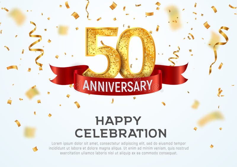 Bannervorlage für 50 Jahre Fünfzigjähriges Jubiläum mit rotem Band und Konfetti auf weißem Hintergrund lizenzfreie abbildung Bannervorlage für 50 Jahre Fünfzigjähriges Jubiläum mit rotem Band und Konfetti auf weißem Hintergrund lizenzfreie abbildung