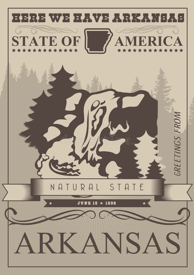 Bannière américaine de voyage de l'Arkansas État naturel Affiche d'ensemble de vintage illustration libre de droits Bannière américaine de voyage de l'Arkansas État naturel Affiche d'ensemble de vintage illustration libre de droits