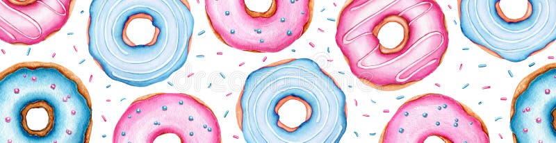 Banner with watercolor donuts. Bright sweets for Birthday background, Greeting card. Dessert for holiday and party. Hand drawn illustration. Artistic design with food  for cafe. Freehand drawing. Banner with watercolor donuts. Bright sweets for Birthday background, Greeting card. Dessert for holiday and party. Hand drawn illustration. Artistic design with food  for cafe. Freehand drawing