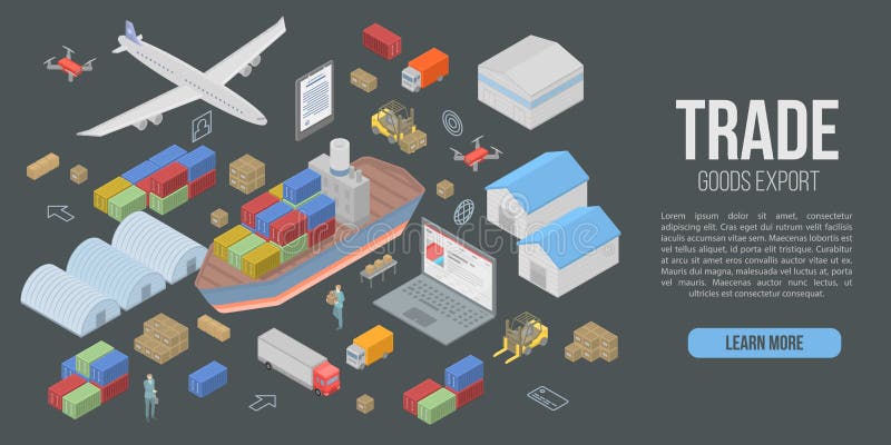 Bannière commerciale de concept d'exportation de marchandises, style isométrique illustration de vecteur Bannière commerciale de concept d'exportation de marchandises, style isométrique illustration de vecteur