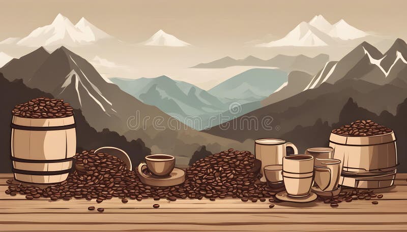 Bannière Concept De nombreuses fèves de café sont posées sur des tonneaux de bois et tout autour de Generative Ai