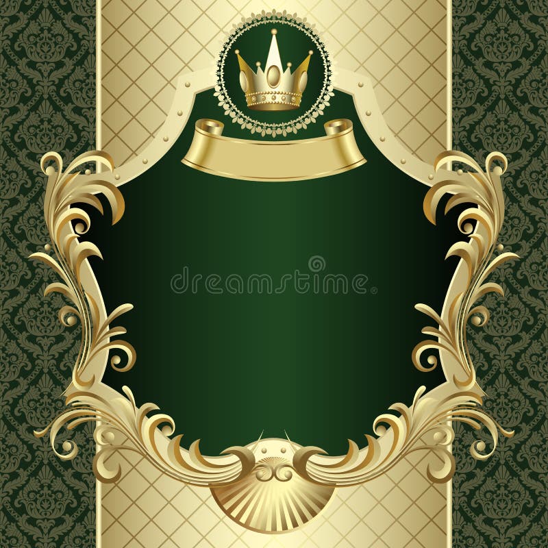 Bannière d'or de vintage avec une couronne sur le backgroun baroque vert-foncé illustration libre de droits