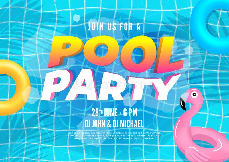 Summer pool party invitation banner. Swimming pool with palm leaves and pool floats. Summer pool party invitation banner. Swimming pool with palm leaves and pool floats